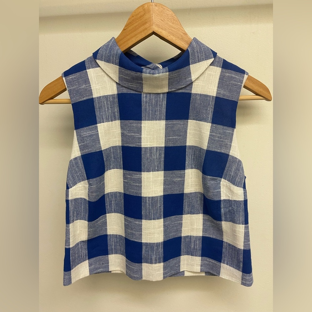 Veronica Beard Blue White Gingham Sleeveless Mock Neck Top Size 4 - Picture 1 of 6